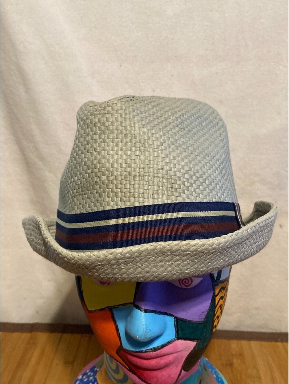 Peter Grimm Straw Fedora Hat Mens L Gray Turned-up Brim Edge Band